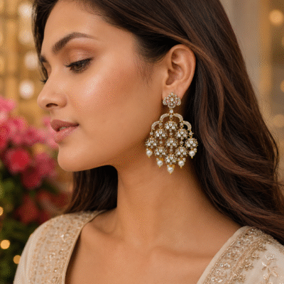 Gold Plated CZ Multi-Jhumki Chandbali Earrings with Pearl Drops for Women, Bridal Wear