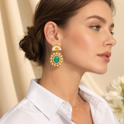 Gold Plated Green Stone Round Studded Earrings for Women