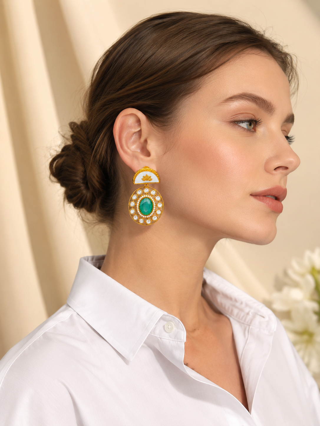 Gold Plated Green Stone Round Studded Earrings for Women