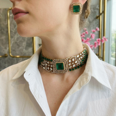 Emerald Ad Polki Choker Necklace Set