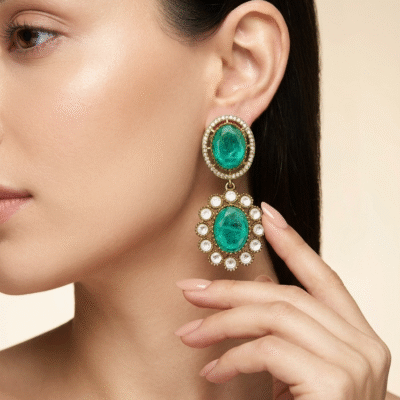 Gold Plated Oval Stone Drop Earrings