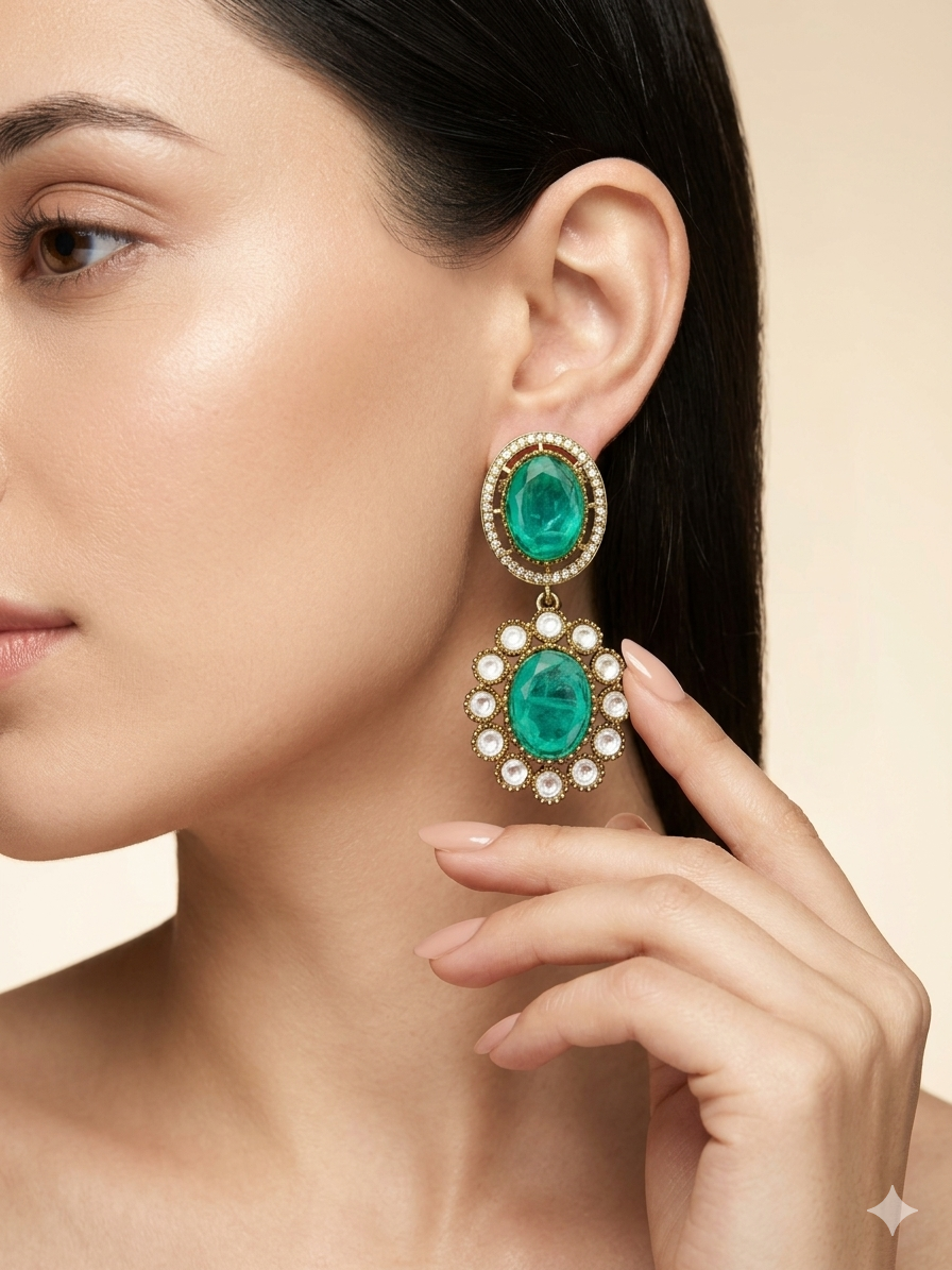 Gold Plated Oval Stone Drop Earrings