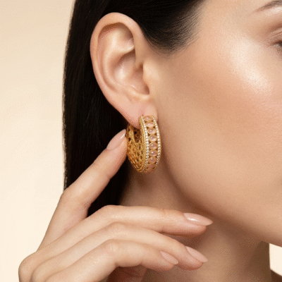 Gold Plated Studded Jaali Hoop Earrings