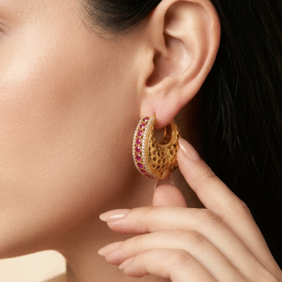 Gold Plated Studded Jaali Hoop Earrings