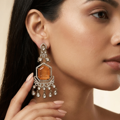 Gold Plated Orange Stone Chandelier Earrings for Women, Wedding Wear