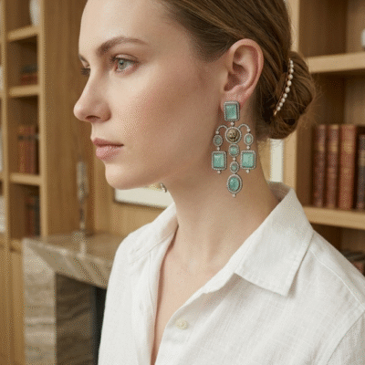 Victorian Lion Head Chandbali Earrings – Sea Green Stone