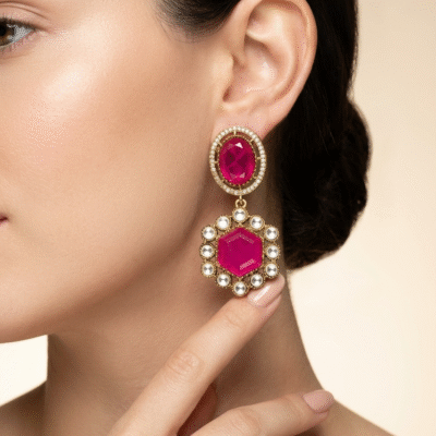 Gold Plated Hexagon Stone Drop Earrings