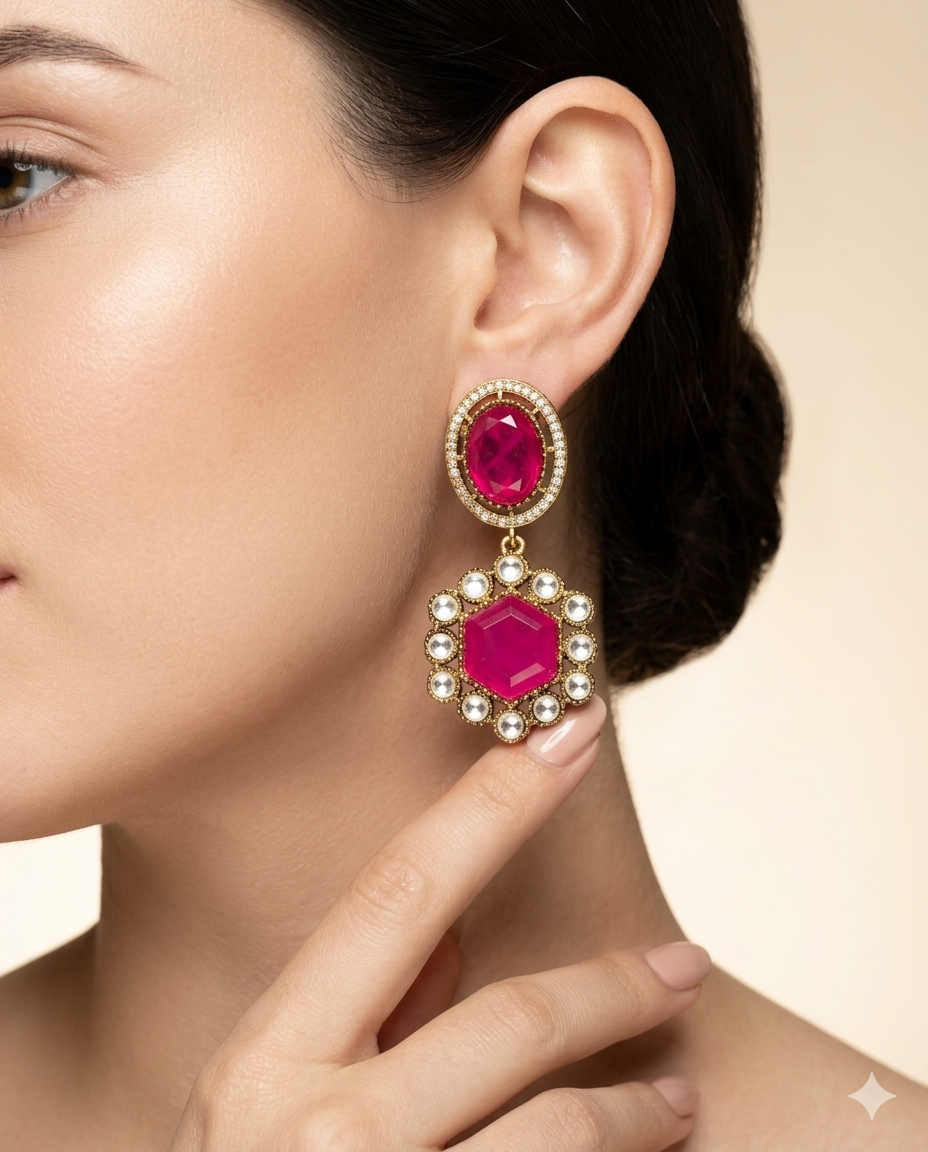 Gold Plated Hexagon Stone Drop Earrings