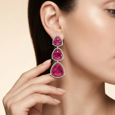 Hot Pink Trillion Cut Stone Tiered Drop Earrings