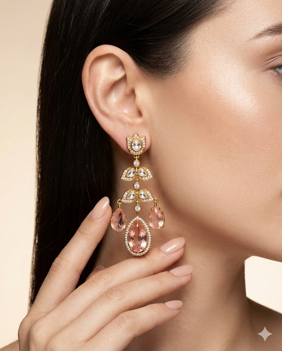 Gold Plated Kundan Floral Pear Drop Earrings