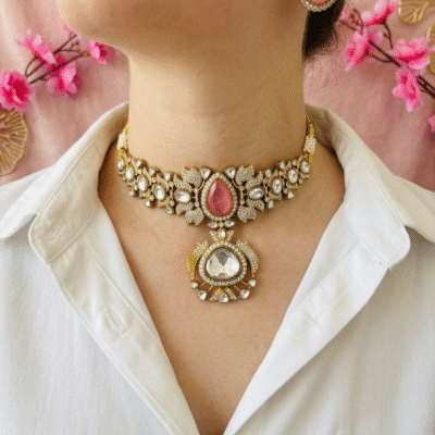 Pink Stone Leaf Necklace Set