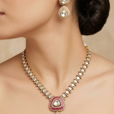 Kundan Ruby Pendant Chain Necklace Set