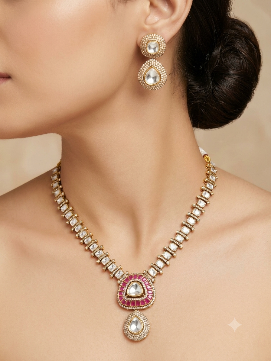 Kundan Ruby Pendant Chain Necklace Set