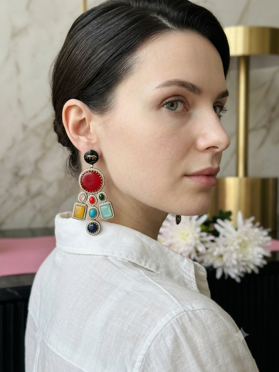 Victorian Lion Enamel Statement Earrings – Multicolor Stone