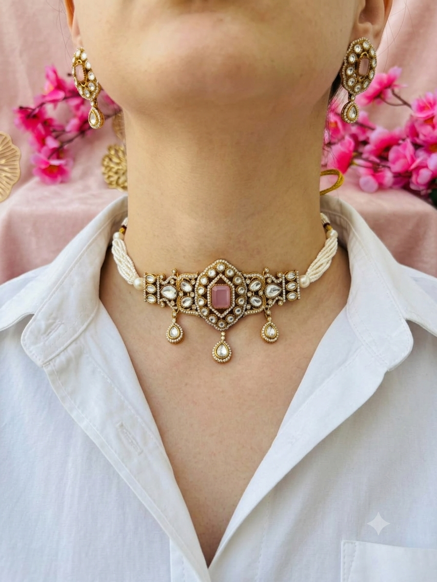 Kundan Pearl Choker Necklace Set