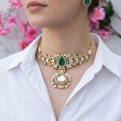Emerald Kundan Leaf Necklace Set