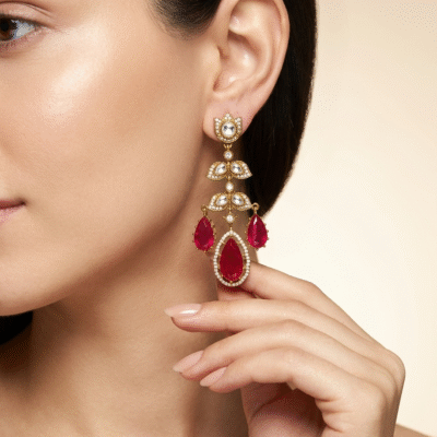 Gold Plated Kundan Floral Pear Drop Earrings