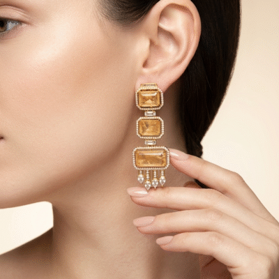Gold Plated Emerald Cut Long Drop Earrings with CZ Studs