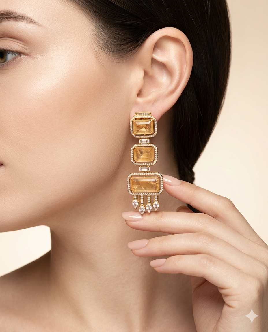 Gold Plated Emerald Cut Long Drop Earrings with CZ Studs