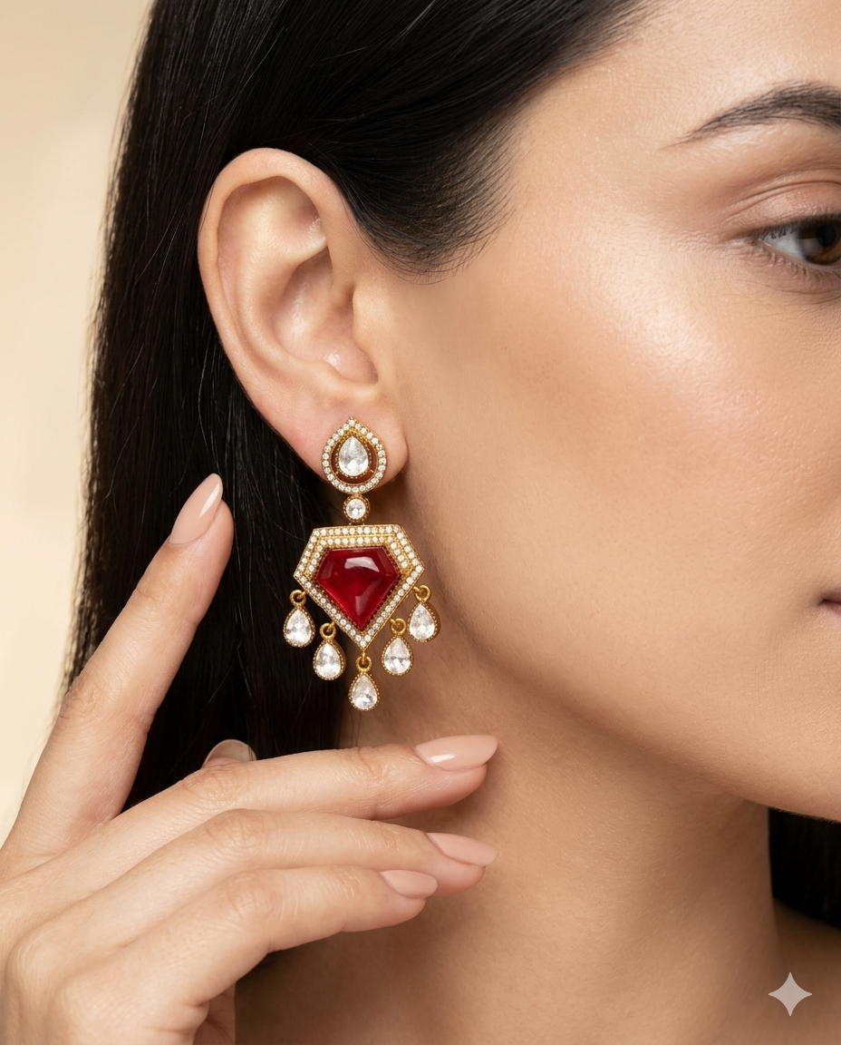 Gold Plated Red Kundan Pentagon Drop Earrings