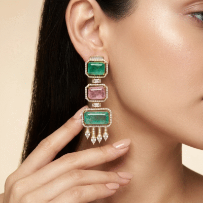 Gold Plated Emerald Cut Long Drop Earrings with CZ Studs