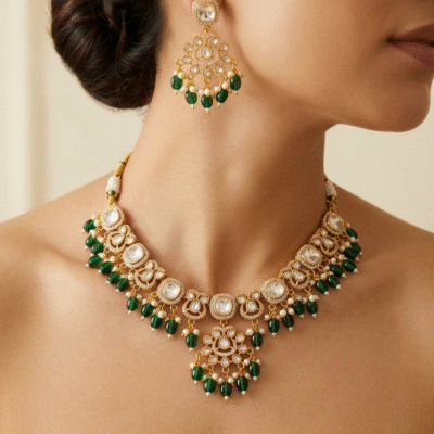 Kundan Green Beaded Necklace Set