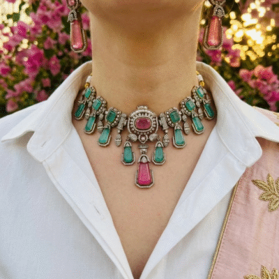 Pink & Mint Victorian Statement Necklace Set