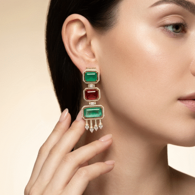 Gold Plated Emerald Cut Long Drop Earrings with CZ Studs