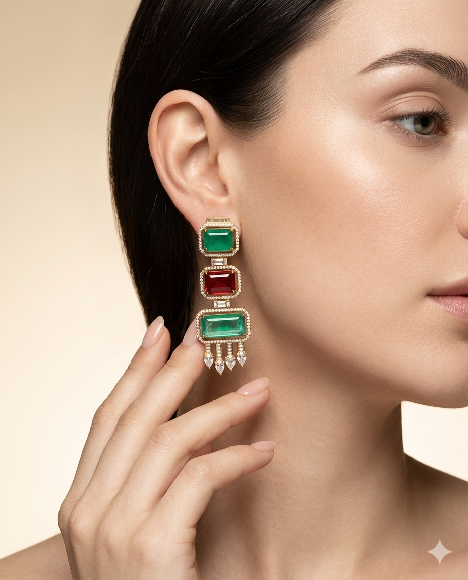 Gold Plated Emerald Cut Long Drop Earrings with CZ Studs