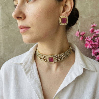Pink & Mint Ad Polki Choker Necklace Set