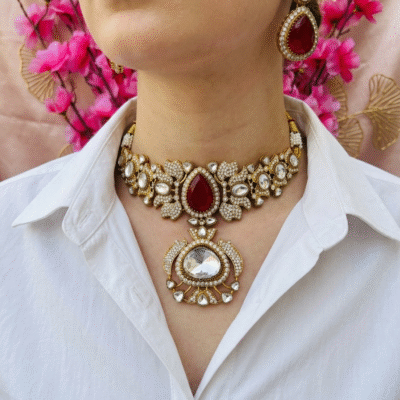Ruby Red Stone Leaf Necklace Set