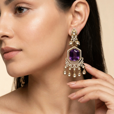 Gold Plated Purple Stone Chandelier Earrings for Women, Wedding Wear