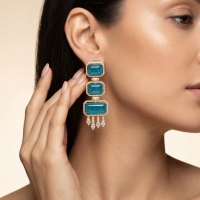 Gold Plated Emerald Cut Long Drop Earrings with CZ Studs