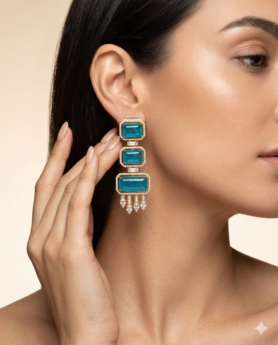Gold Plated Emerald Cut Long Drop Earrings with CZ Studs