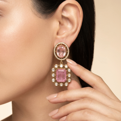 Gold Plated Rectangle Stone Drop Earrings