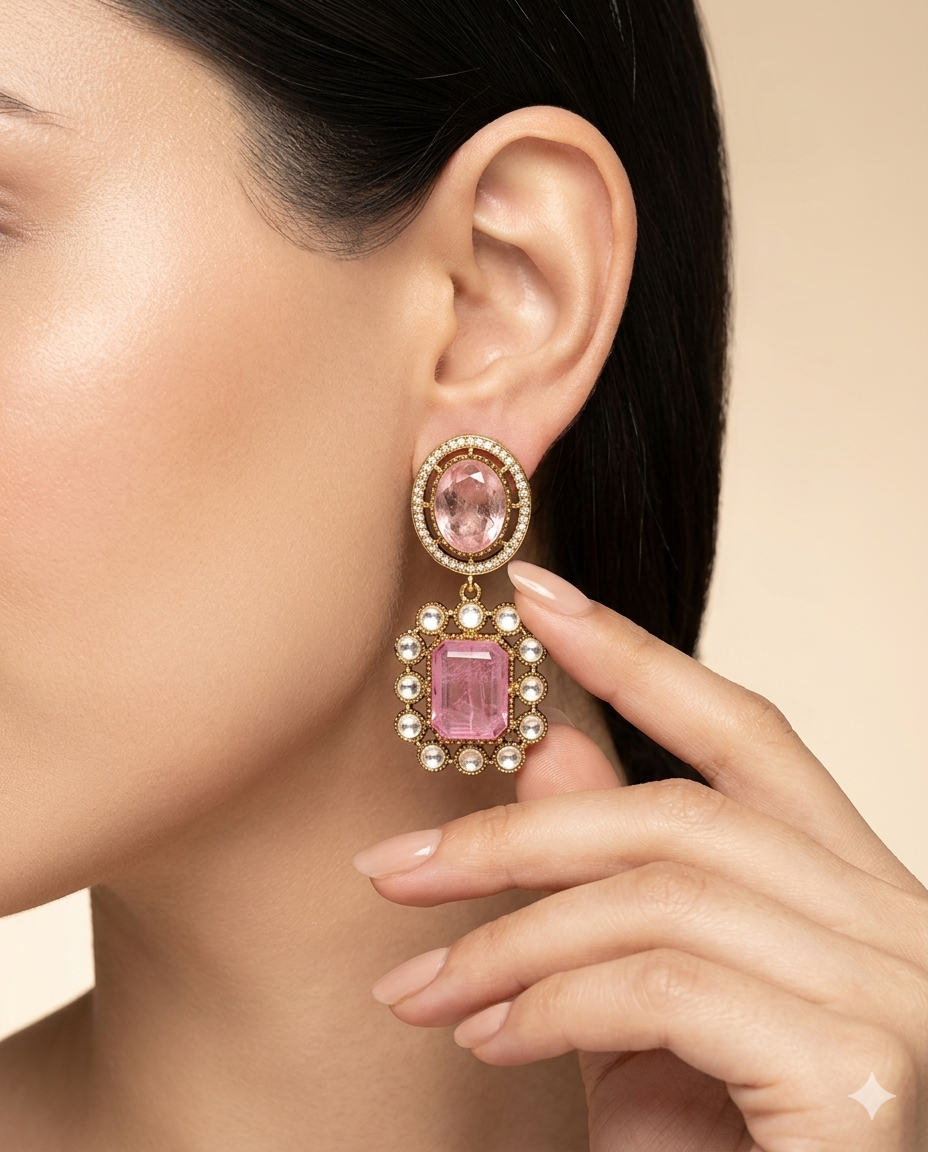 Gold Plated Rectangle Stone Drop Earrings