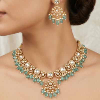 Kundan Blue Beaded Necklace Set