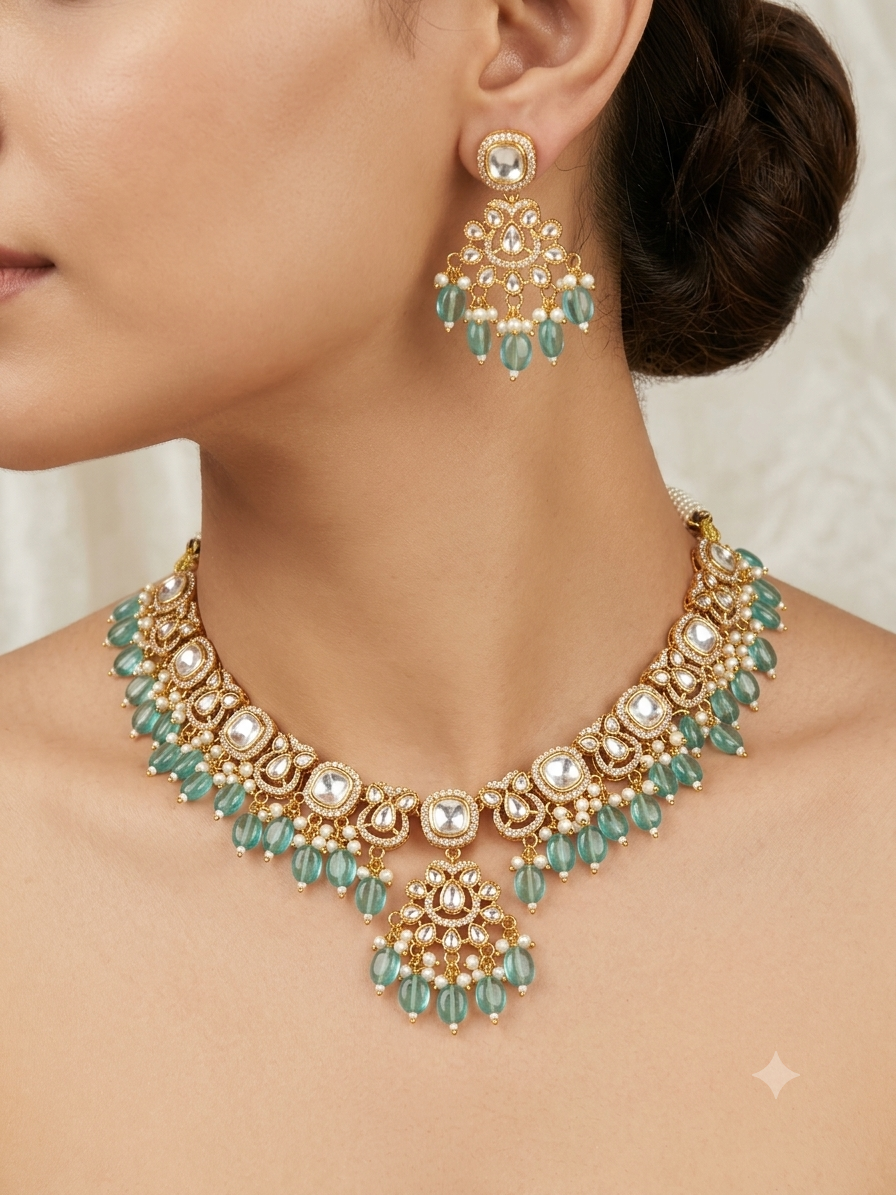 Kundan Blue Beaded Necklace Set