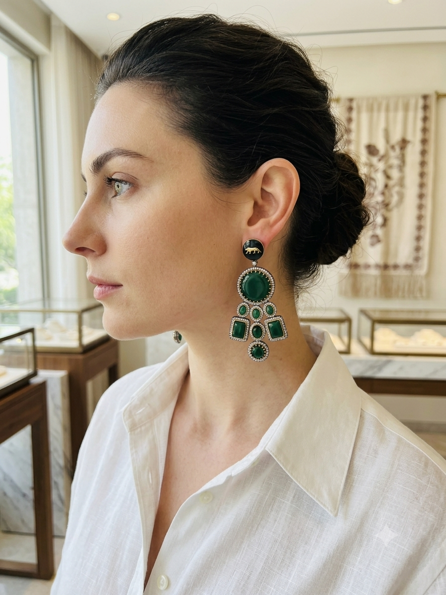 Victorian Lion Enamel Statement Earrings – Emerald Green