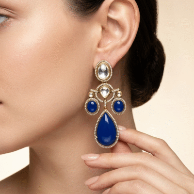 Gold Plated Blue Colour Stone Drop Earrings for Women, Party Wear