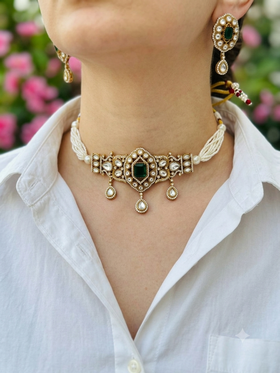 Kundan Pearl Choker Necklace Set