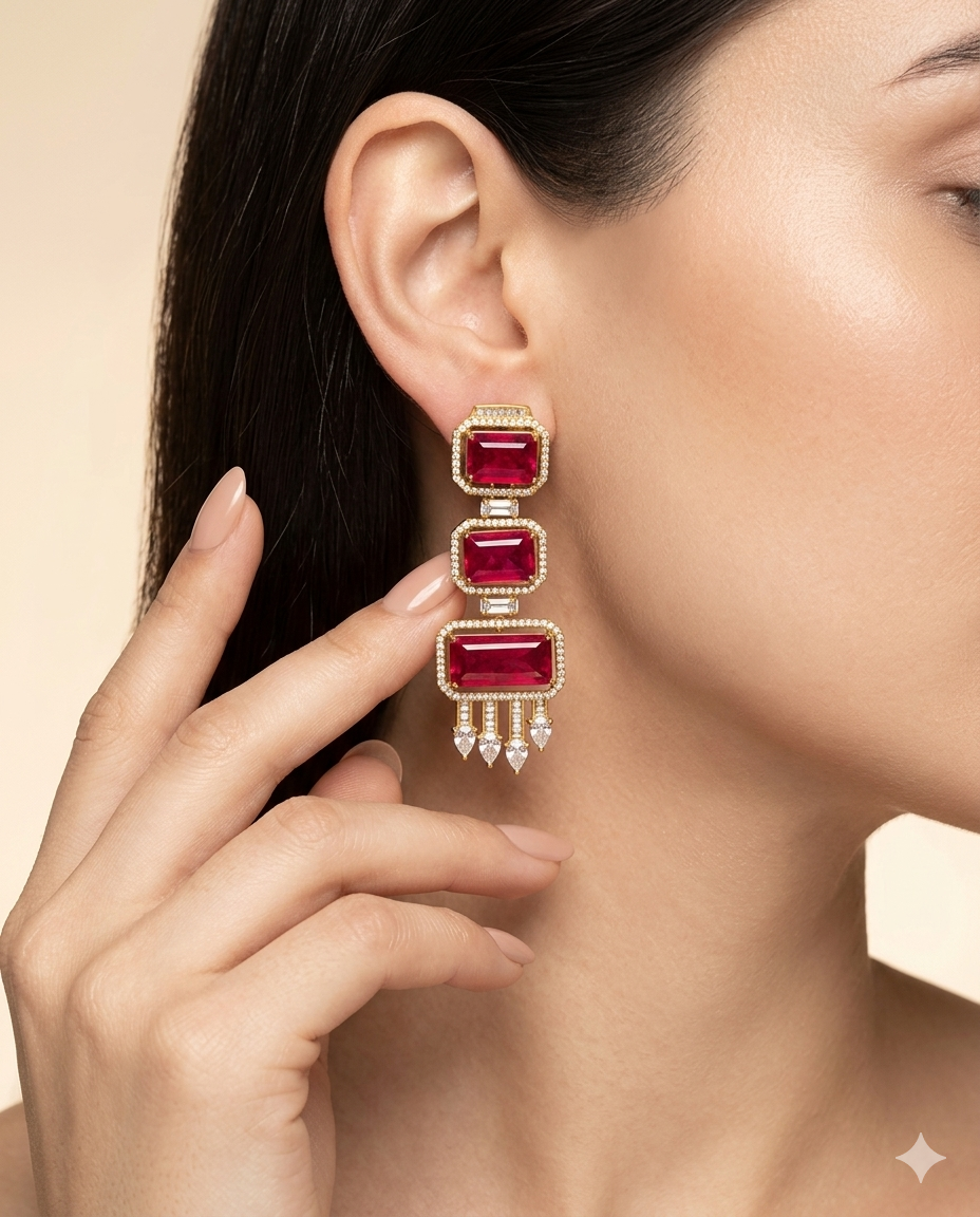 Gold Plated Emerald Cut Long Drop Earrings with CZ Studs
