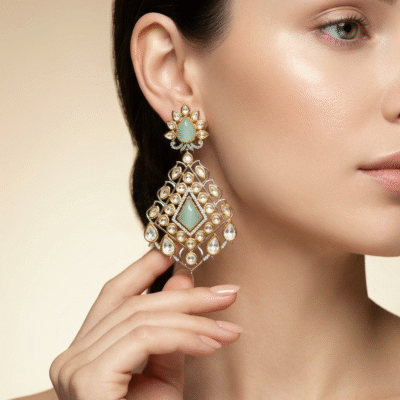Two-Tone Kundan Polki Kite-Shaped Drop Earrings with Mint Stone