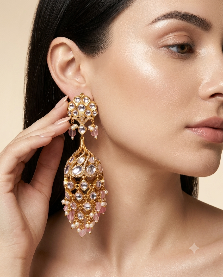 Kundan Chandbali Jhumka Earrings with Pearl & Bead Tassels