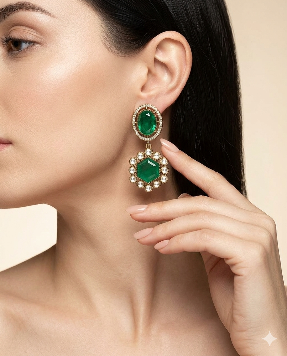 Gold Plated Hexagon Stone Drop Earrings