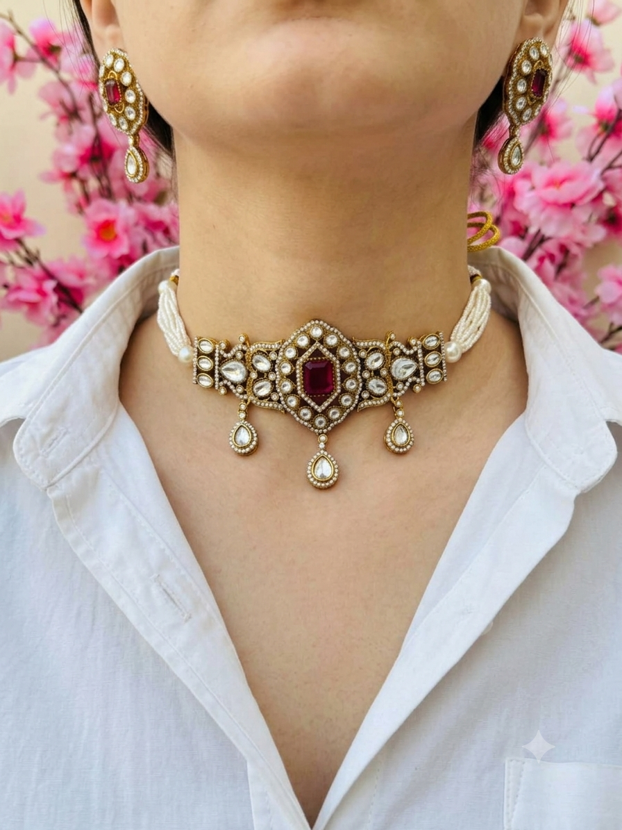 Kundan Pearl Choker Necklace Set