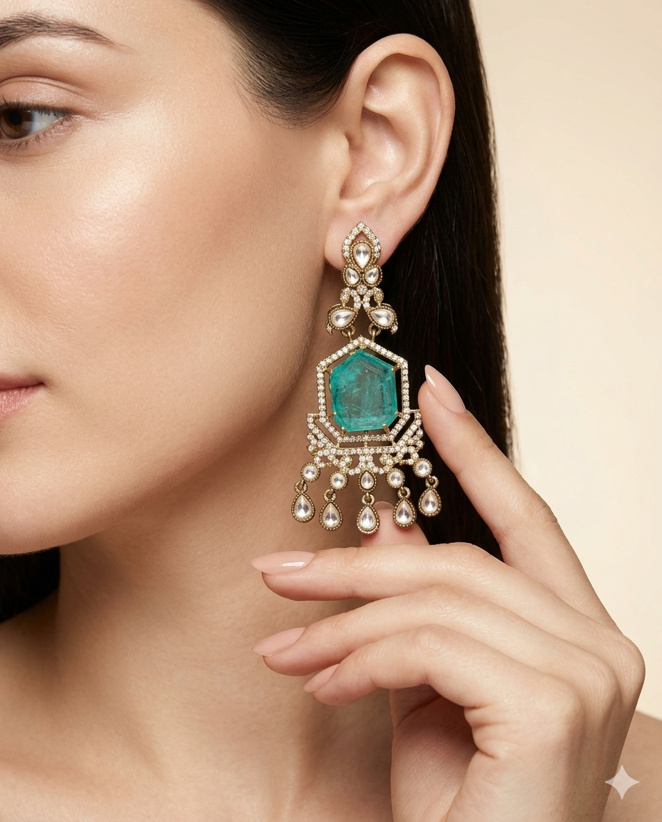 Gold Plated Green Stone Chandelier Earrings for Women, Wedding Wear