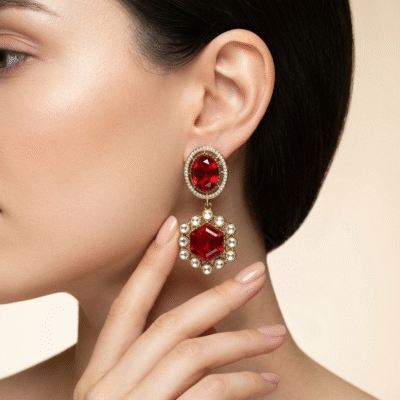 Gold Plated Hexagon Stone Drop Earrings