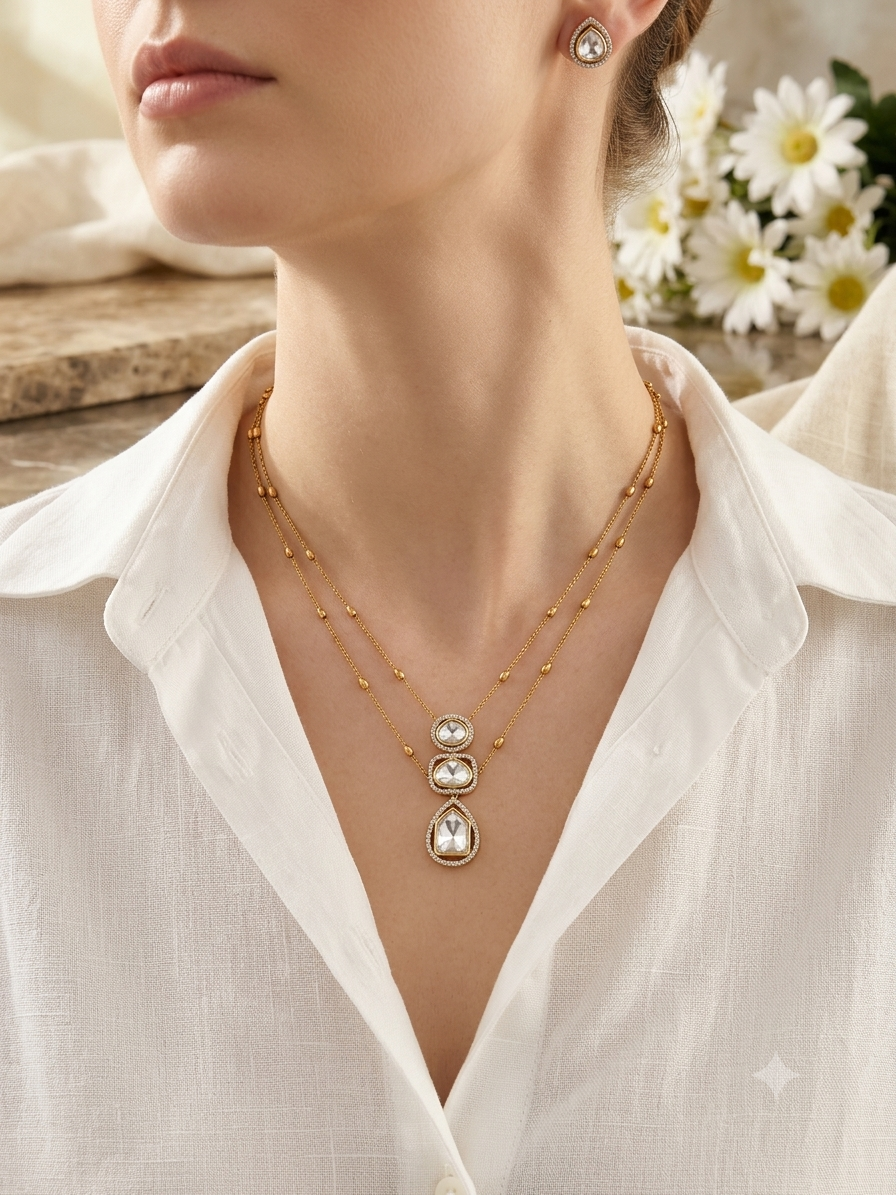 Kundan Layered Chain Pendant Necklace Set