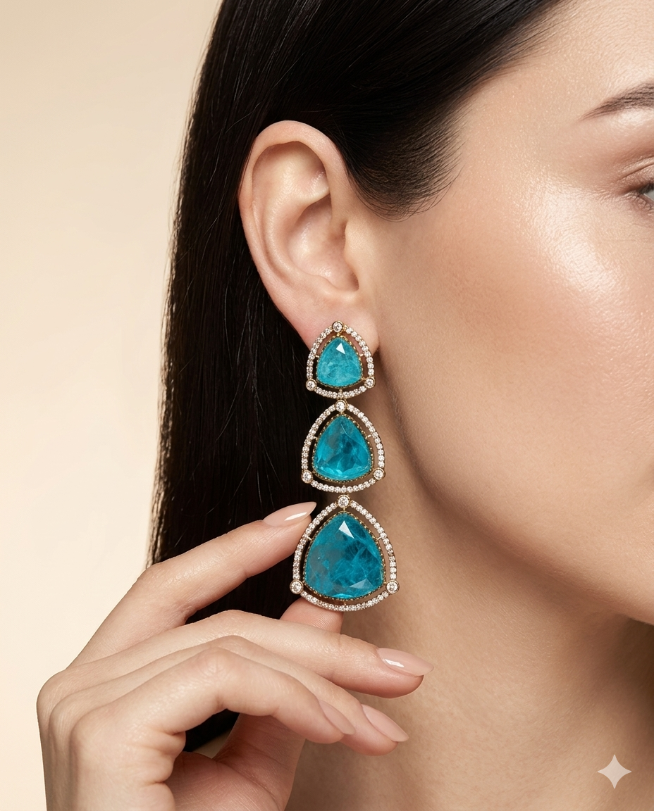 Blue Trillion Cut Stone Tiered Drop Earrings